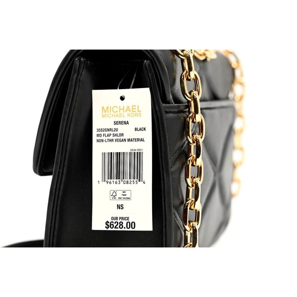 MICHAEL KORS SERENA Medium Black & Gold Vegan Non-Leather Shoulder Bag NWT $628 - Picture 9 of 10